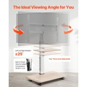 rolling tv stand, mobile tv cart for 32 70 inch screens, 25° left right rotation and height adjustable tv mount with tray, holds up to 88 lbs for corner, bedroom, outdoor, max vesa 600x400mm