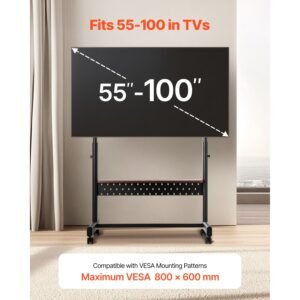 rolling tv stand, mobile tv cart for 55 100 inch screens, height adjustable portable monitor stand with tray, holds up to 205 lbs for living room, bedroom, office, outdoor max vesa 800 x 600 mm