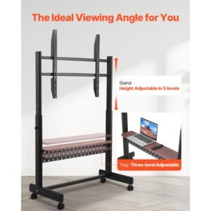 rolling tv stand, mobile tv cart for 55 100 inch screens, height adjustable portable monitor stand with tray, holds up to 205 lbs for living room, bedroom, office, outdoor max vesa 800 x 600 mm