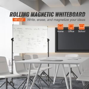 rolling whiteboard, 48x32 inch double sided magnetic mobile whiteboard, 360° reversible adjustable height dry erase board with wheels & movable tray for office school