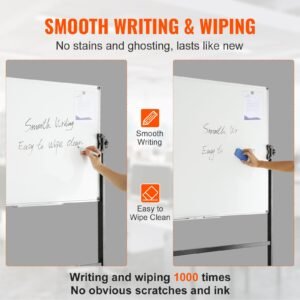 rolling whiteboard, 48x32 inch double sided magnetic mobile whiteboard, 360° reversible adjustable height dry erase board with wheels & movable tray for office school