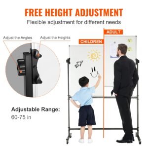 rolling whiteboard, 48x32 inch double sided magnetic mobile whiteboard, 360° reversible adjustable height dry erase board with wheels & movable tray for office school