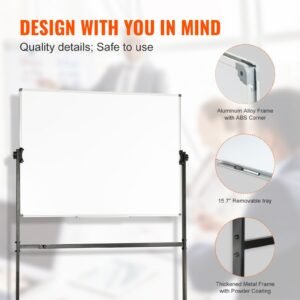 rolling whiteboard, 48x32 inch double sided magnetic mobile whiteboard, 360° reversible adjustable height dry erase board with wheels & movable tray for office school