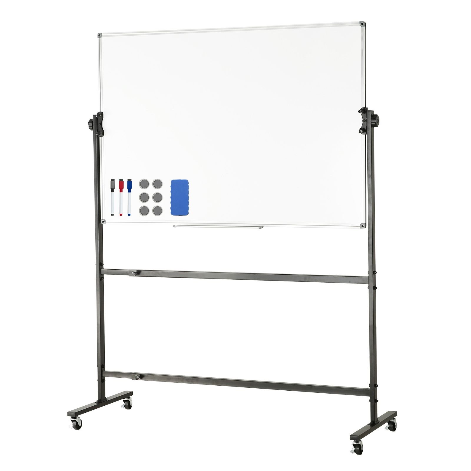 rolling whiteboard, 48x32 inch double sided magnetic mobile whiteboard, 360° reversible adjustable height dry erase board with wheels & movable tray for office school