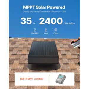 roof attic exhaust fan, 35w smart solar roof ventilation fan auto temperature control, 2400 cfm airflow built in brushless dc motor for cooling and dehumidification, no remote