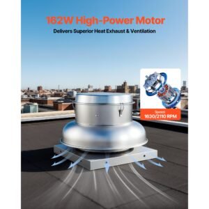 roof exhaust fan, attic vent fan with high power motor, 21 inch fan base heavy duty aluminum alloy, speed control adjustable airflow 500/900 cfm, compact for garage,kitchen,bathroom, silver