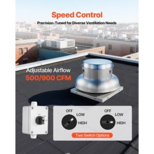 roof exhaust fan, attic vent fan with high power motor, 21 inch fan base heavy duty aluminum alloy, speed control adjustable airflow 500/900 cfm, compact for garage,kitchen,bathroom, silver