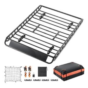 Roof Rack Basket, 51 x 36 x 4.1 in, Universal Rooftop Cargo Carrier with 1120 x 870 x 260 mm Cargo Bag, Net, Ratchet Straps, 200 lbs Max Load Capacity Car Top Luggage Holder, for SUV Truck Car