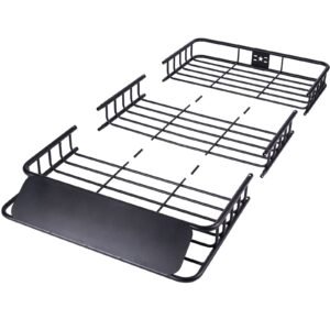 roof rack cargo basket, 64" x 39" x 6" rooftop cargo carrier with extension, heavy duty steel 200 lbs capacity universal roof rack basket, luggage holder for suv, truck