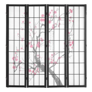 room divider, 4 panel japanese room divider screen, wood folding privacy screen indoor, japanese partition portable decoration dividers, for room separation home office restaurant & bedroom