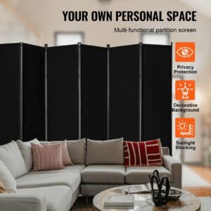 room divider, 6 panel room divider, folding privacy screen and portable partition divider for room separation, freestanding room partitions for office, bedroom, study, black