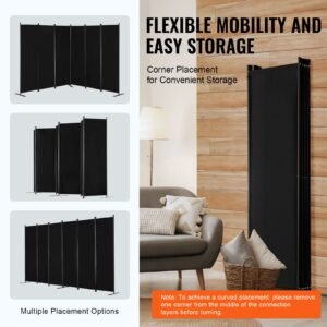 room divider, 6 panel room divider, folding privacy screen and portable partition divider for room separation, freestanding room partitions for office, bedroom, study, black