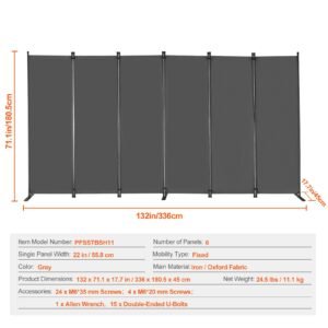 room divider, 6 panel room divider, folding privacy screen and portable partition divider for room separation, freestanding room partitions for office, bedroom, study, grey