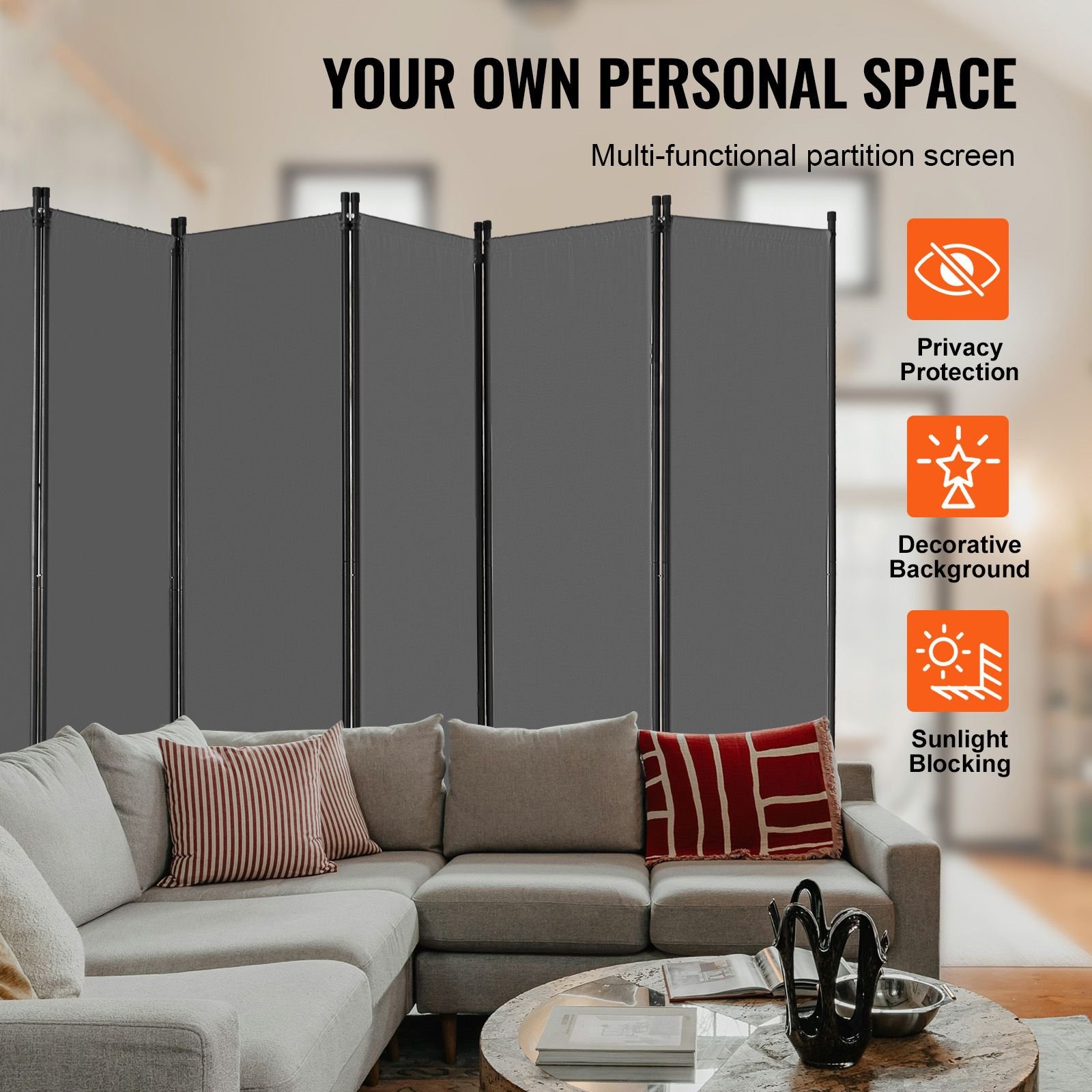 room divider, 6 panel room divider, folding privacy screen and portable partition divider for room separation, freestanding room partitions for office, bedroom, study, grey