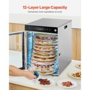 rotary food dehydrator machine, 12 stainless steel trays, 800w electric food dryer with adjustable temperature & 24 hour timer, freeze dryer for jerky, meat, fruit, vegetables, herbs, dog treats