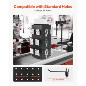 rotating pegboard display stand, 7.4 x 7.4 x 17 in 4 sided spinning peg board display with 24 hooks, thickened cold rolled steel craft rack organizer for grocery retail store jewelry shop, black