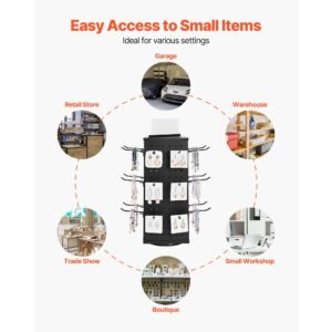 rotating pegboard display stand, 7.4 x 7.4 x 17 in 4 sided spinning peg board display with 24 hooks, thickened cold rolled steel craft rack organizer for grocery retail store jewelry shop, black