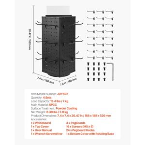 rotating pegboard display stand, 7.4 x 7.4 x 17 in 4 sided spinning peg board display with 24 hooks, thickened cold rolled steel craft rack organizer for grocery retail store jewelry shop, black