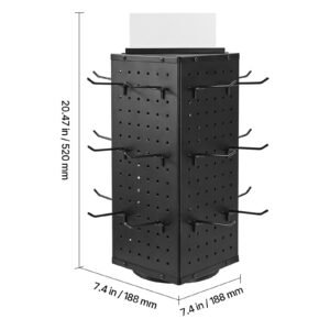 rotating pegboard display stand, 7.4 x 7.4 x 17 in 4 sided spinning peg board display with 24 hooks, thickened cold rolled steel craft rack organizer for grocery retail store jewelry shop, black