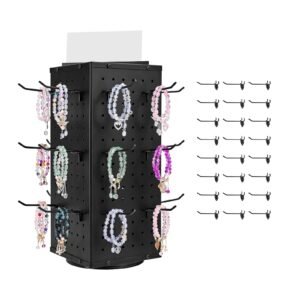 rotating pegboard display stand, 7.4 x 7.4 x 17 in 4 sided spinning peg board display with 24 hooks, thickened cold rolled steel craft rack organizer for grocery retail store jewelry shop, black