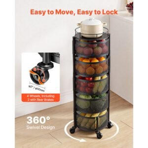 rotating storage rack cart, 5 tier fruit and vegetable basket bowls, heavy duty wire basket organizer on wheels, large capacity stand with metal top lid, for kitchen bathroom nursery, black