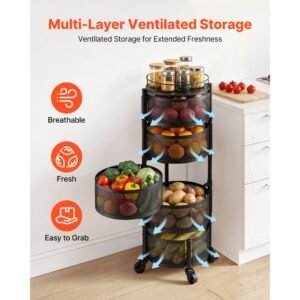 rotating storage rack cart, 5 tier fruit and vegetable basket bowls, heavy duty wire basket organizer on wheels, large capacity stand with metal top lid, for kitchen bathroom nursery, black
