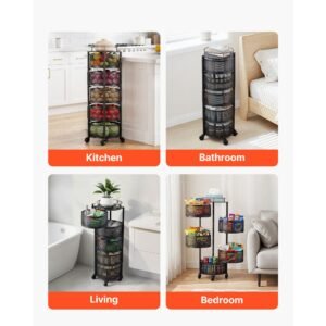 rotating storage rack cart, 5 tier fruit and vegetable basket bowls, heavy duty wire basket organizer on wheels, large capacity stand with metal top lid, for kitchen bathroom nursery, black