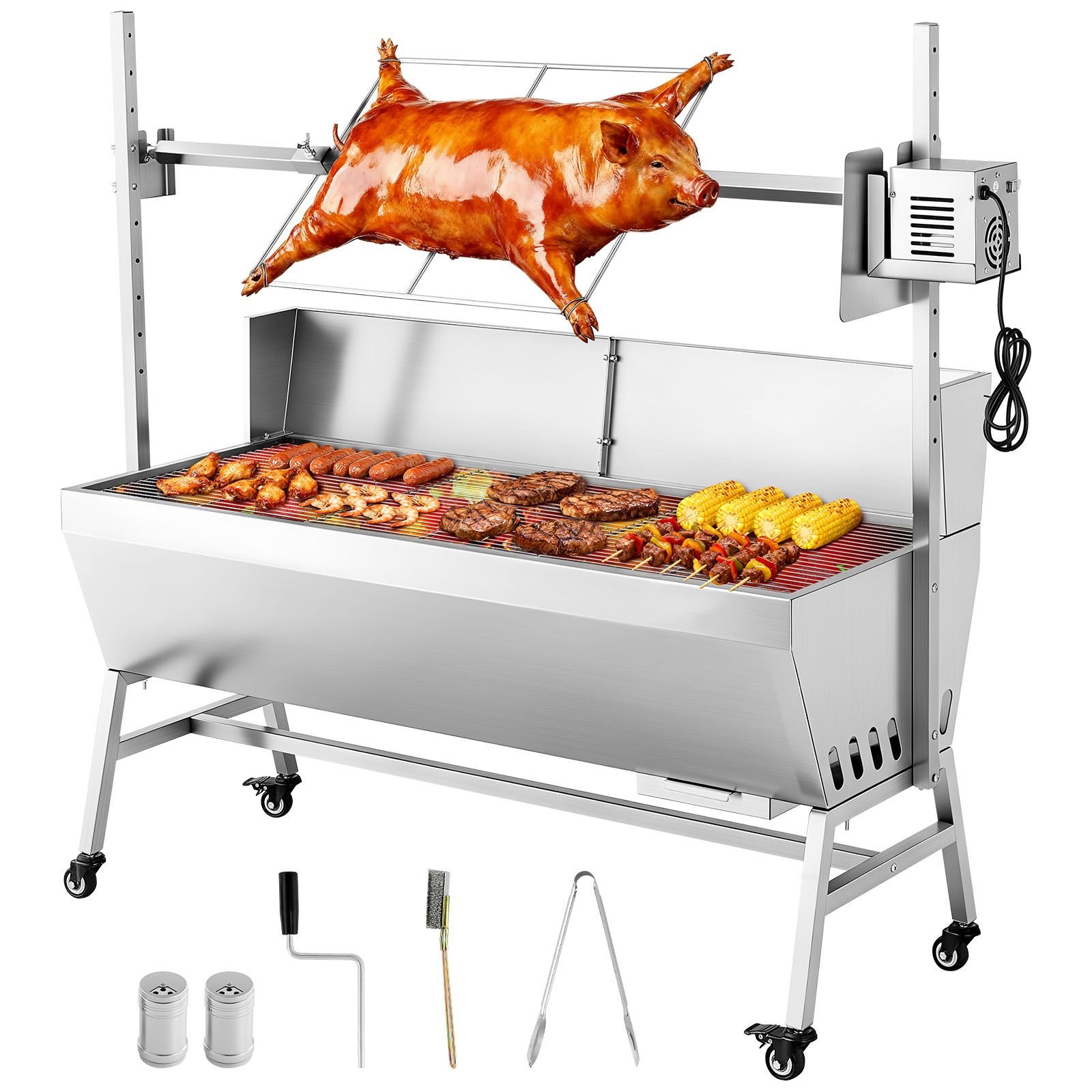rotisserie grill, 38w bbq outdoor pig & lamb spit roaster, charcoal spit roaster with 132 lbs capacity, wheels & 4 level height, stainless steel electric rotisserie grill kit for camping outdoor