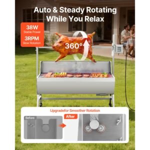 rotisserie grill, 38w bbq outdoor pig & lamb spit roaster, charcoal spit roaster with 132 lbs capacity, wheels & 4 level height, stainless steel electric rotisserie grill kit for camping outdoor