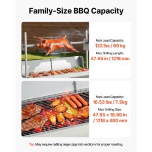 rotisserie grill, 38w bbq outdoor pig & lamb spit roaster, charcoal spit roaster with 132 lbs capacity, wheels & 4 level height, stainless steel electric rotisserie grill kit for camping outdoor