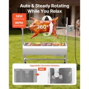 rotisserie grill, 38w bbq outdoor pig & lamb spit roaster, charcoal spit roaster with 132 lbs capacity, wheels & 7 level height, stainless steel electric rotisserie grill kit for camping outdoor