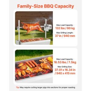 rotisserie grill, 38w bbq outdoor pig & lamb spit roaster, charcoal spit roaster with 132 lbs capacity, wheels & 7 level height, stainless steel electric rotisserie grill kit for camping outdoor