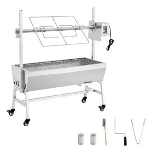Rotisserie Grill, 38W BBQ Outdoor Pig & Lamb Spit Roaster, Charcoal Spit Roaster with 132 LBS Capacity, Wheels & 7-Level Height, Stainless Steel Electric Rotisserie Grill Kit for Camping Outdoor