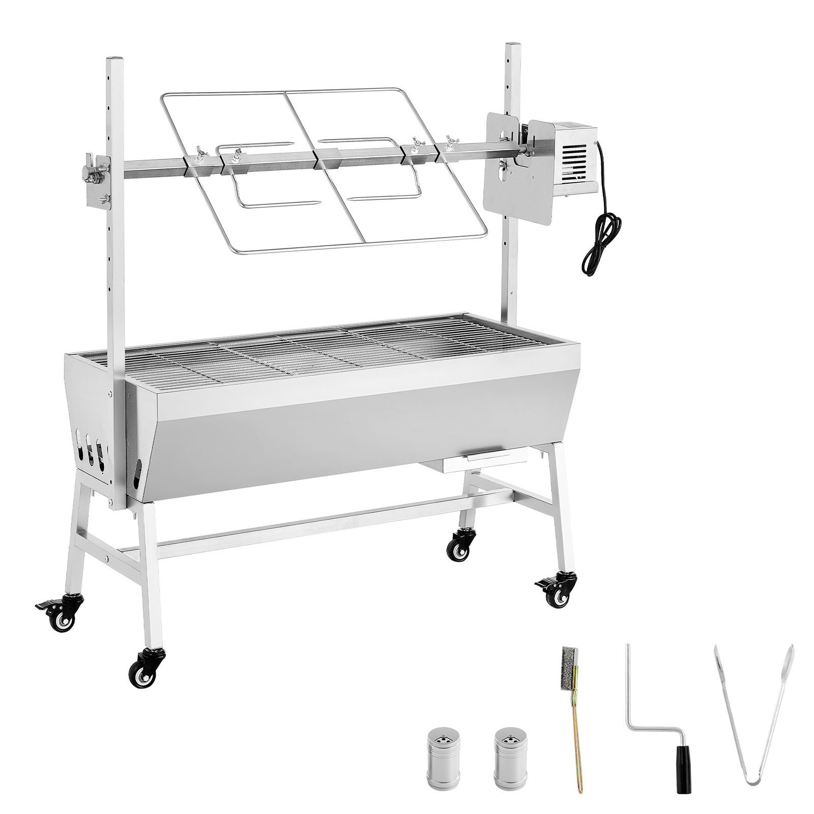 rotisserie grill, 38w bbq outdoor pig & lamb spit roaster, charcoal spit roaster with 132 lbs capacity, wheels & 7 level height, stainless steel electric rotisserie grill kit for camping outdoor