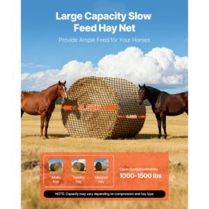 round bale hay net, 4.92 x 4.92 x 4.92 ft, 1.65 inch holes, pe material, knotless design, with self locking zip ties, needle shuttle, and repair twine, slow feeder round bale net for horses