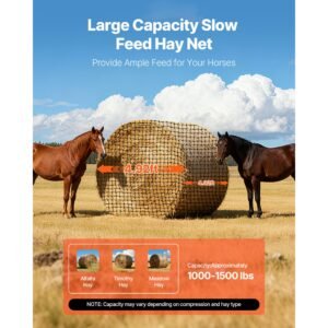 round bale hay net, 4.92 x 4.92 x 4.92 ft, 1.75 inch holes, pe material, reinforced knotted design, with zip ties, needle shuttle, and repair twine, slow feeder round bale net for horses