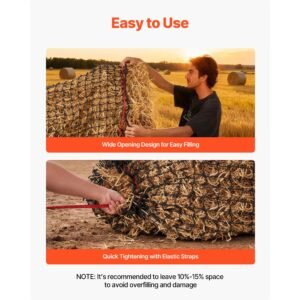 round bale hay net, 4.92 x 4.92 x 4.92 ft, 1.75 inch holes, pe material, reinforced knotted design, with zip ties, needle shuttle, and repair twine, slow feeder round bale net for horses