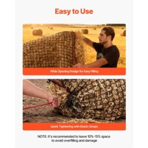 round bale hay net, 5.91 x 5.91 x 5.91 ft, 1.5 inch holes, pe material, knotless design, with zip ties, needle shuttle, repair twine and storage bag, slow feeder round bale net for horses