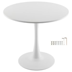 Round Dining Table, 31.5 in Wood Table for 2-4 Person, Modern Circle Furniture, Leisure Coffee Office Tables with Pedestal Base in Tulip Design, for Home Kitchen Living Room, White(Only Table)