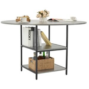 round dining table, 47 inch wood table for 4 6 person, modern circle dinner furniture, leisure tables with storage shelf and metal legs, for home kitchen living room, grey (only table)