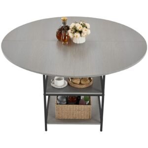 round dining table, 47 inch wood table for 4 6 person, modern circle dinner furniture, leisure tables with storage shelf and metal legs, for home kitchen living room, grey (only table)