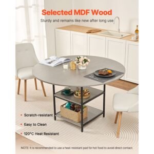 round dining table, 47 inch wood table for 4 6 person, modern circle dinner furniture, leisure tables with storage shelf and metal legs, for home kitchen living room, grey (only table)