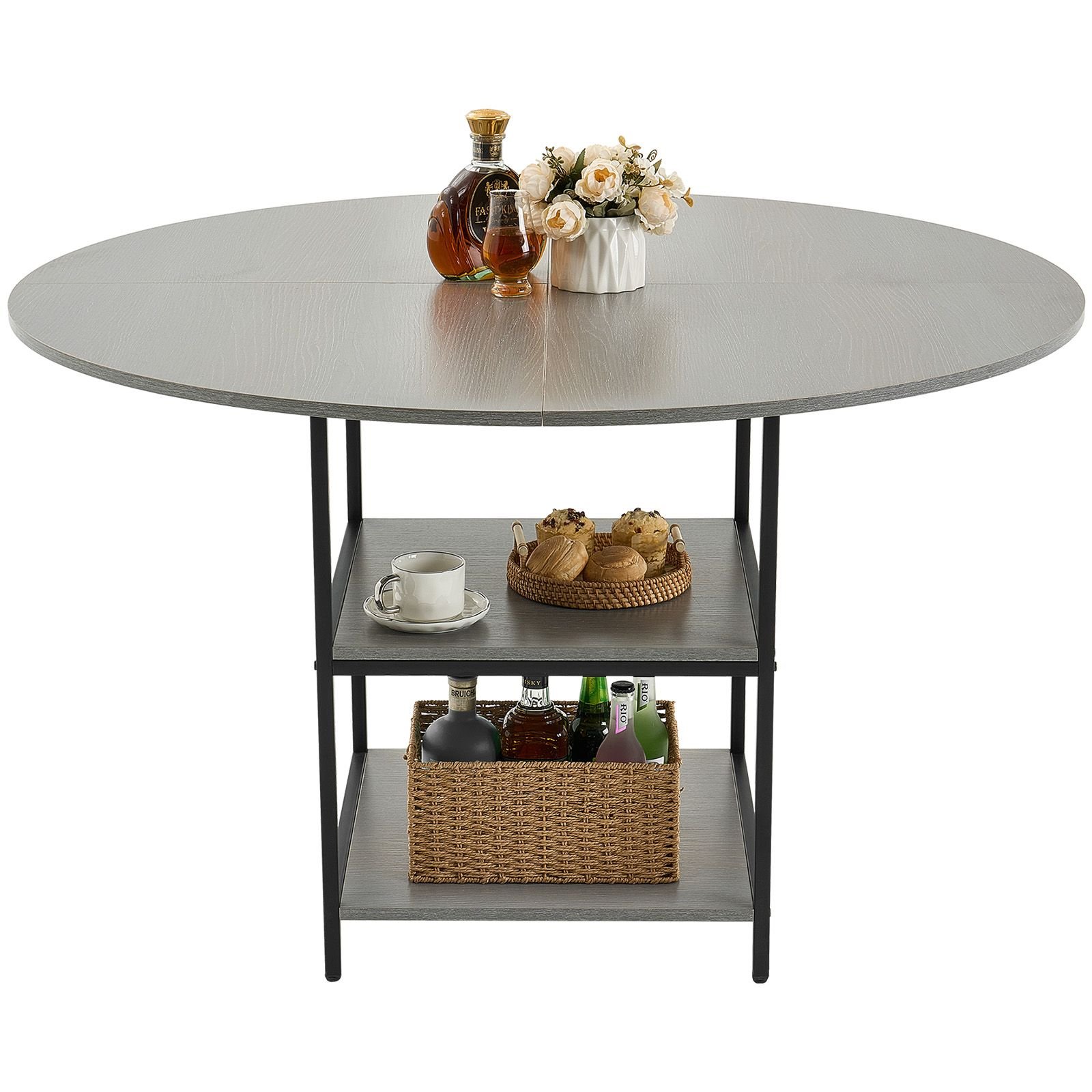 round dining table, 47 inch wood table for 4 6 person, modern circle dinner furniture, leisure tables with storage shelf and metal legs, for home kitchen living room, grey (only table)