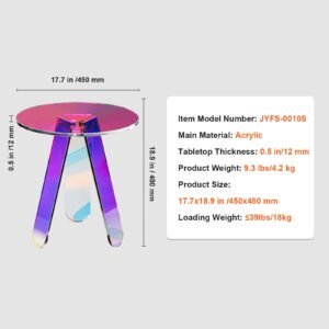 round iridescent side table, acrylic end table, clear rainbow acrylic coffee table for drink, food, snack used in living room, bedroom, and study