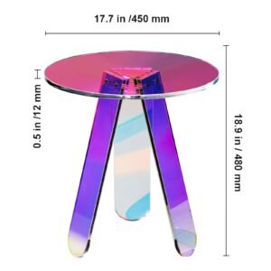 round iridescent side table, acrylic end table, clear rainbow acrylic coffee table for drink, food, snack used in living room, bedroom, and study