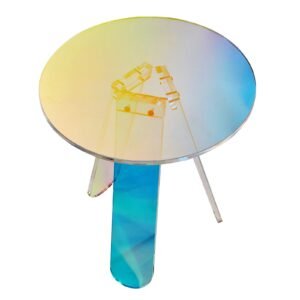 round iridescent side table, acrylic end table, clear rainbow acrylic coffee table for drink, food, snack used in living room, bedroom, and study