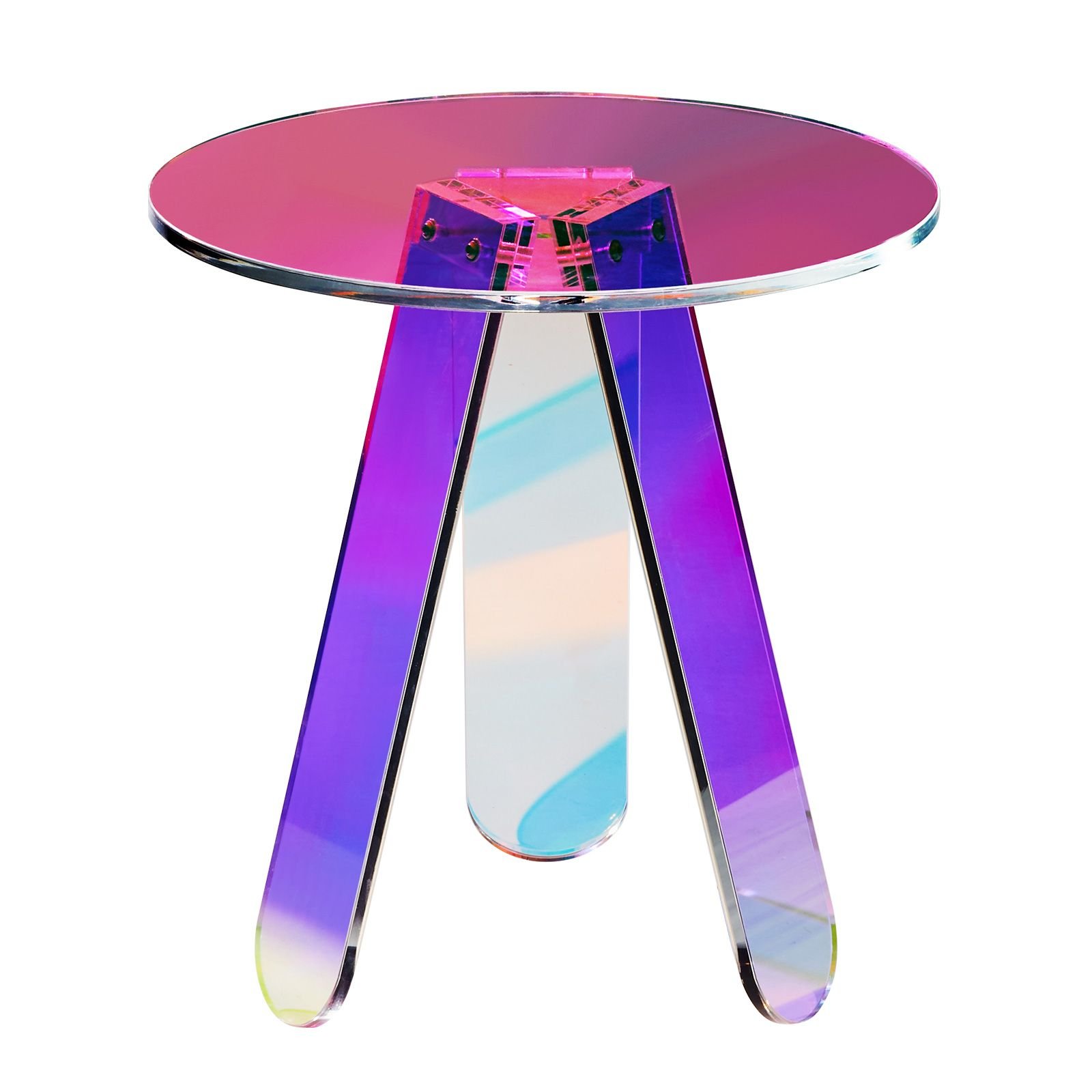 round iridescent side table, acrylic end table, clear rainbow acrylic coffee table for drink, food, snack used in living room, bedroom, and study