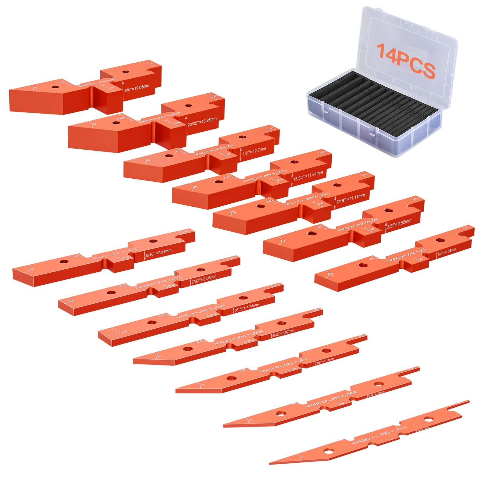 router table adjustment bars, 14 piece set, durable aluminum construction blocks for measuring depths, heights, and angles, includes engraved measurements and carrying case, ideal for router
