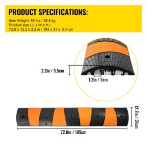 rubber speed bump, 1 pack 2 channel speed bump hump, 72.8" long modular speed bump rated 22000 lbs load capacity, 72.8 x 12.2 x 2.2 garage speed bump for asphalt concrete gravel driveway 6 ft