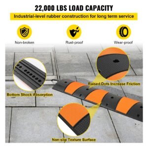 rubber speed control hump, dual channel, 2 units, 72.8" length, supports up to 22000 lbs, dimensions 72.8 x 12.2 x 2.2, suitable for asphalt, concrete, and gravel surfaces 6 feet